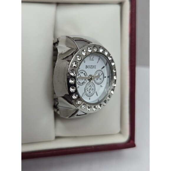 Bozhi Womens Ring Watch Silver Rhinestone Bezel Quartz New Battery Stretch Band main image 11
